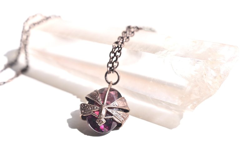 Art Nouveau Style Necklace~Brass Dragonfly~60s Vintage Glass~Amethyst - Necklaces - Glass Purple