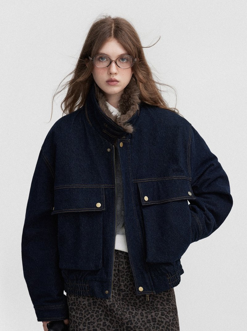 Denim / 短夾克棉衣外套 / 毛領可拆卸 - 女裝外套/大衣 - 其他材質 藍色