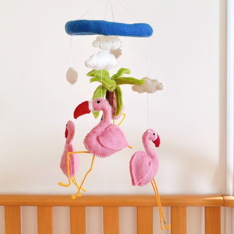 Wool Felt Crib Charm - Pink Crane and Tropical Plants - ของเล่นเด็ก - ขนแกะ 