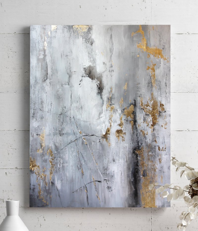 Gray Painting |Gray and Gold Painting |Golden Gray Abstract Painting | Gray gold - 牆貼/牆身裝飾 - 棉．麻 灰色