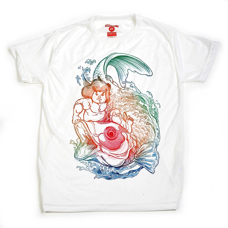 半袖Tシャツの第一章金太郎、魚、男性と女性、綿混紡ソフトと快適 - Tシャツ メンズ - コットン・麻 ホワイト