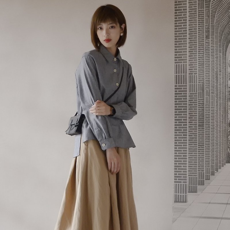Yarn-dyed cotton and linen irregular long-sleeved shirt|Shirt|Cotton and linen|Independent Brand|Sora-166 - เสื้อเชิ้ตผู้หญิง - ผ้าฝ้าย/ผ้าลินิน 