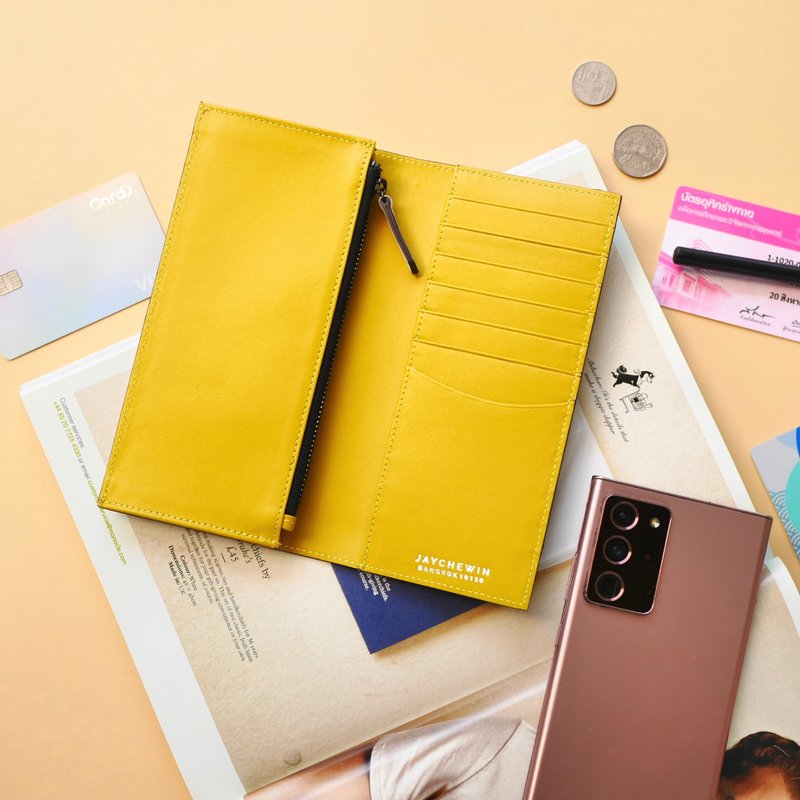 กระเป๋าสตางค์แบบพับยาว Long Flat Wallet สีเหลืองมัสตาร์ด - กระเป๋าสตางค์ - หนังแท้ สีเหลือง