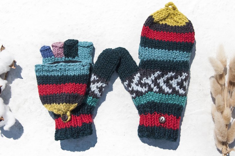手織純羊毛針織手套/可拆卸手套/內刷毛手套/保暖手套-色塊調色盤 - 手套/手襪 - 羊毛 多色