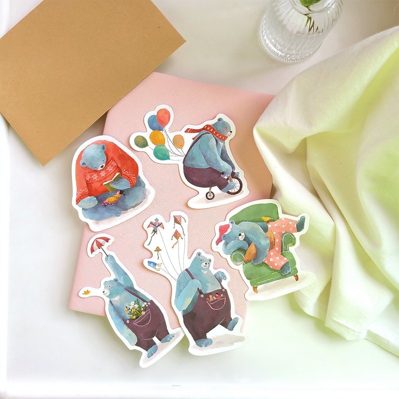 Cozy Blue Bear Stickers 5 pcs | iPad stickers, laptop stickers - สติกเกอร์ - กระดาษ สีน้ำเงิน