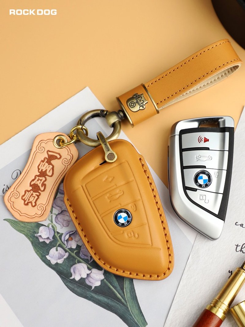 BMW寶馬5系530刀鋒X1 x5 1系3系320li x2 x3 汽車鑰匙包皮套,黃 - 鑰匙圈/鑰匙包 - 真皮 黃色