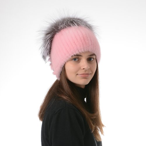 FurStyleUA Women's Fur Mink Knitted Hat With Big Pompom Fox Fur And Warm Soft Beanie Hat