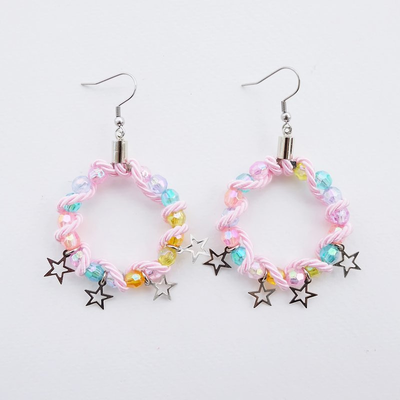 Pastel bead hoop earrings with pink rope and stars - Earrings & Clip-ons - Other Materials Orange