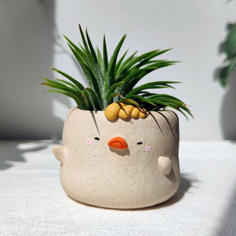 2.25 inch, smiling duck planter. Handmade pot with drainage hole. - เซรามิก - ดินเผา 