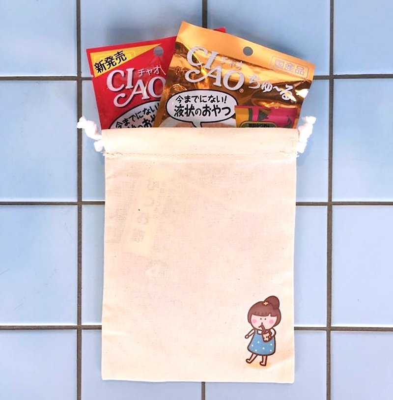 Jane milk daily canvas drawstring bag hand-printed Drawstring bag - กระเป๋าเครื่องสำอาง - ผ้าฝ้าย/ผ้าลินิน 