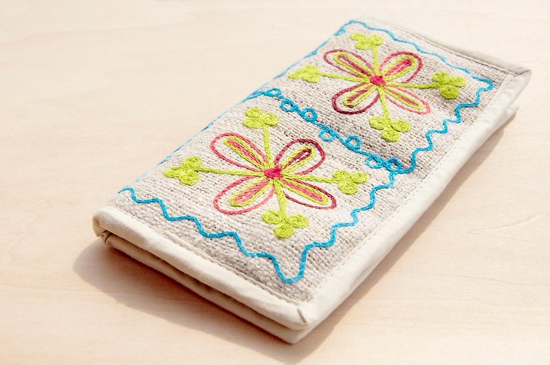 Valentine's Day natural cotton and linen woven wallet / long wallet / ethnic style purse / wallet - flower embroidery - Wallets - Thread Multicolor