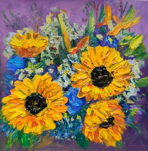 オリジナルの花 厚紙に油絵 ひまわり厚塗り - ショップ OksanaArt