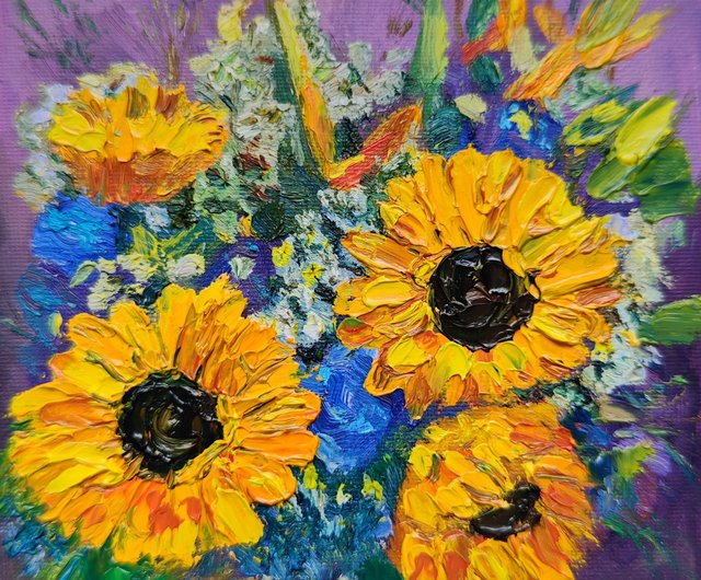 オリジナルの花 厚紙に油絵 ひまわり厚塗り - ショップ