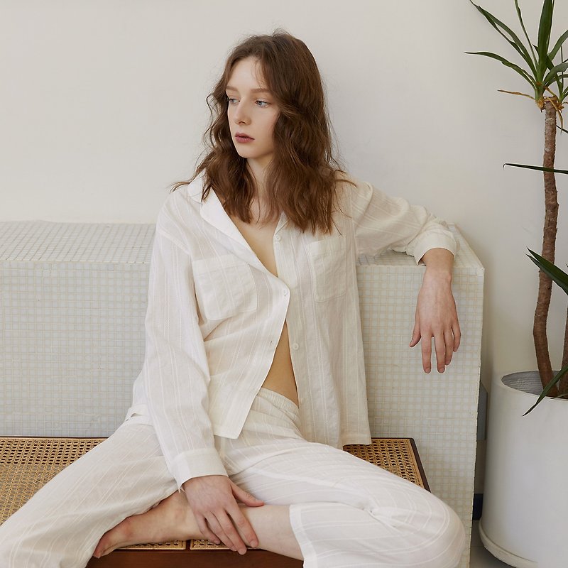 Pure cotton pajamas suit jacquard stripes white thin loose long-sleeved home service spring and summer women - Loungewear & Sleepwear - Cotton & Hemp White
