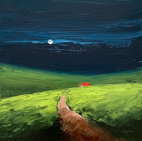 OsipovArtStudio Original Oil Painting On Canvas Night Landscape Green Field Textured Impasto Art