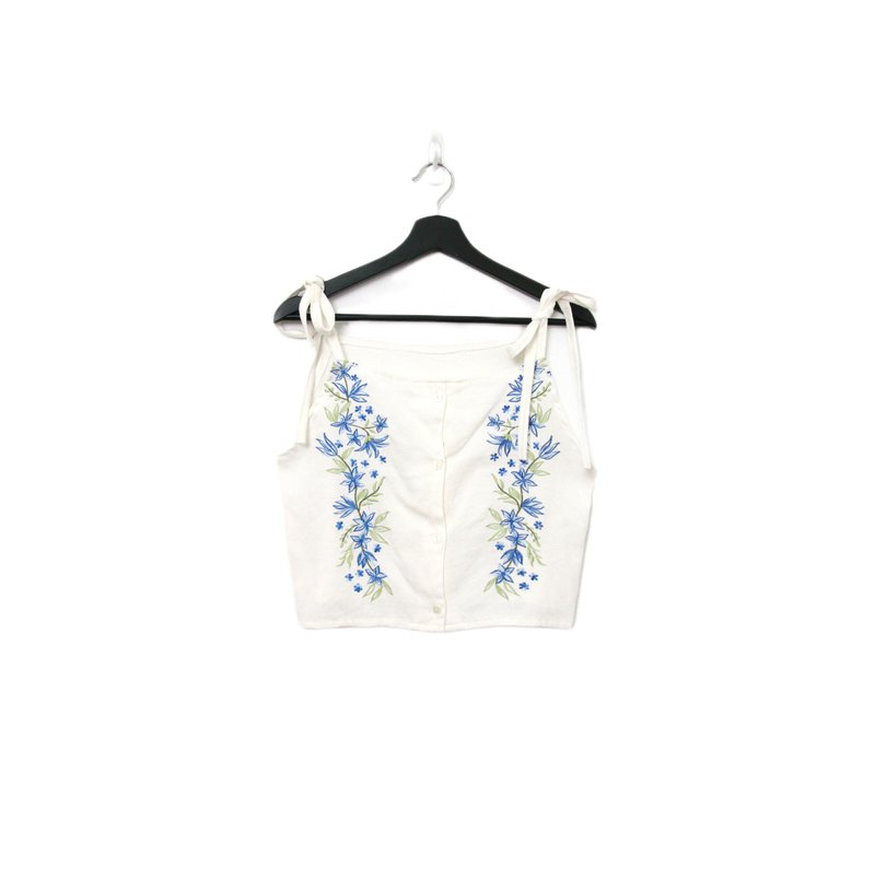 Back to Green-再製綁帶刺繡 藍花枝葉  sv-38/ vintage vest - 背心/無袖上衣 - 棉．麻 