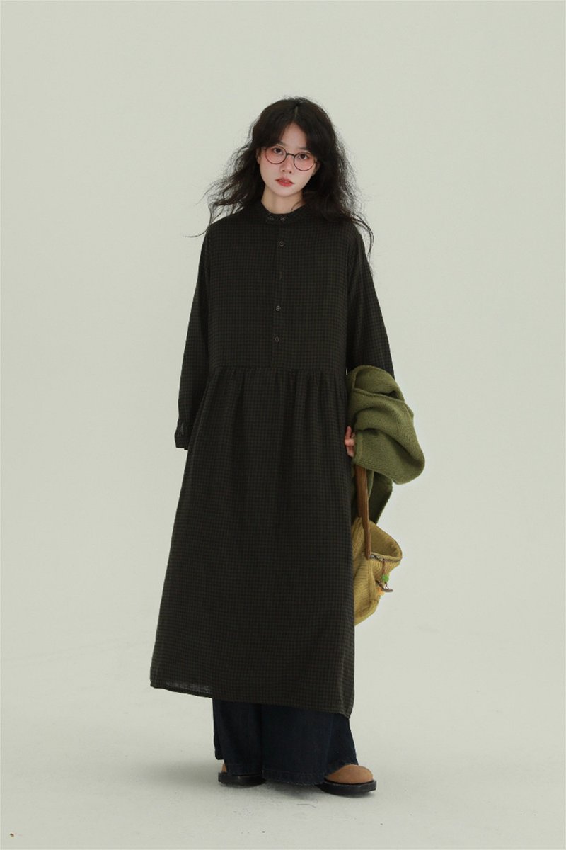 Coffee green/purple plaid long-sleeved dress Japanese style literary retro simple casual mid-length dress - One Piece Dresses - Cotton & Hemp Green