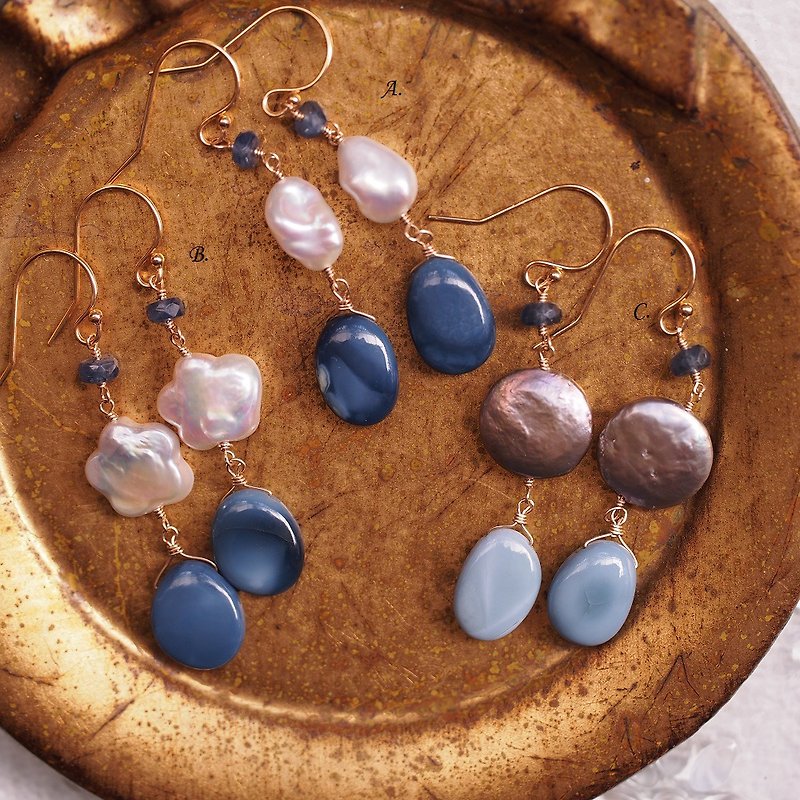 14KGF 藍色祕魯蛋白石 巴洛克 花型 鈕扣 異形淡水珍珠 天然藍寶 - 耳環/耳夾 - 半寶石 藍色