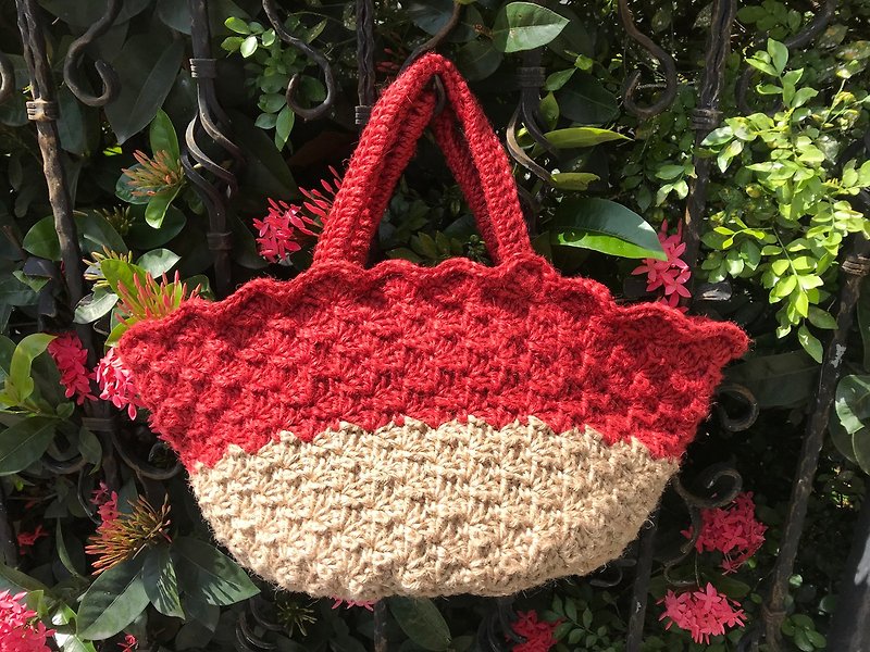 Loose woven two-color hemp flower bag - กระเป๋าถือ - ผ้าฝ้าย/ผ้าลินิน สีแดง