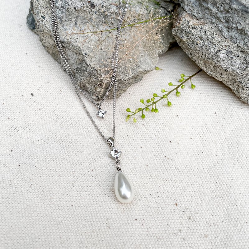 【Made in Japan】Diamond and Pearl Double Layer Necklace/Multi-stage Adjustable Length - สร้อยคอ - ทองแดงทองเหลือง สีเงิน