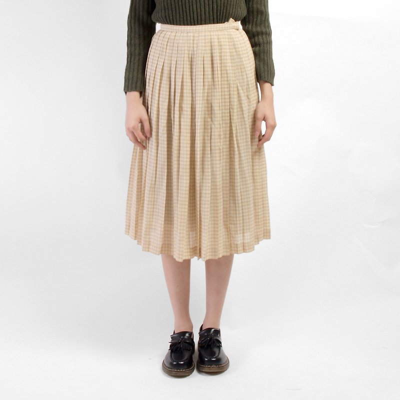 │moderato│Japanese refreshing plaid pleated vintage skirt│vintage.Forest retro.English.Art.Japanese girl - Skirts - Polyester Khaki