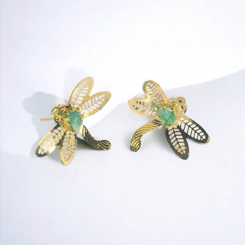 Bomboná 祖母綠原石系列 - 蜻蜓 - 耳環/耳夾 - 寶石 綠色
