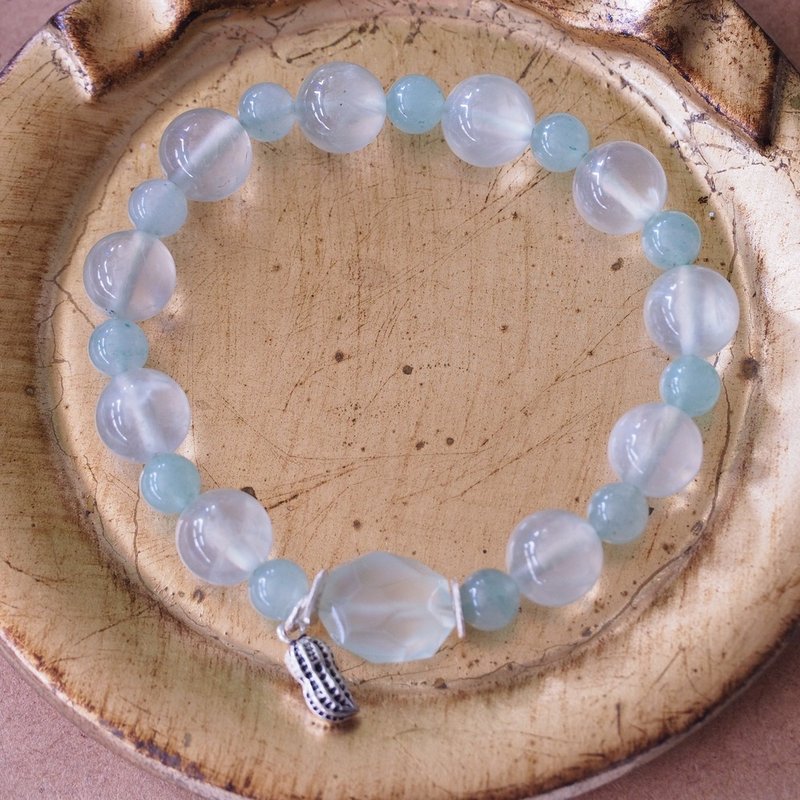葡萄石 東菱玉 淡綠色的寶石 純銀手鍊 Prehnite Silver bracelet - 手鍊/手環 - 半寶石 綠色