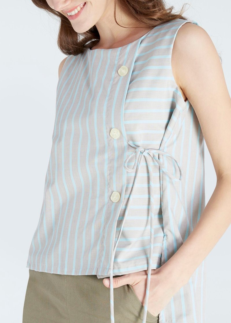 Stripe Wrap Top - Blue - 女上衣/長袖上衣 - 聚酯纖維 藍色