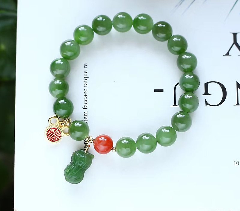 Pure natural boutique Hetian jasper jade bracelet with pearl South red ancient gold embellished with natural jasper peanut pendant - สร้อยข้อมือ - หยก 