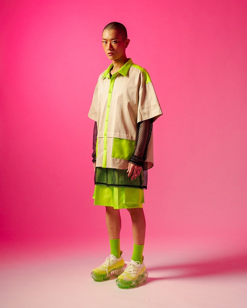 Khaki Color-Blocked Short-Sleeved Shirt - เสื้อเชิ้ตผู้ชาย - ผ้าฝ้าย/ผ้าลินิน สีกากี