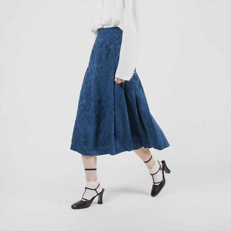 [Egg plant ancient] sea bottom grass 缇 flower pleated ancient dress - Skirts - Polyester Blue
