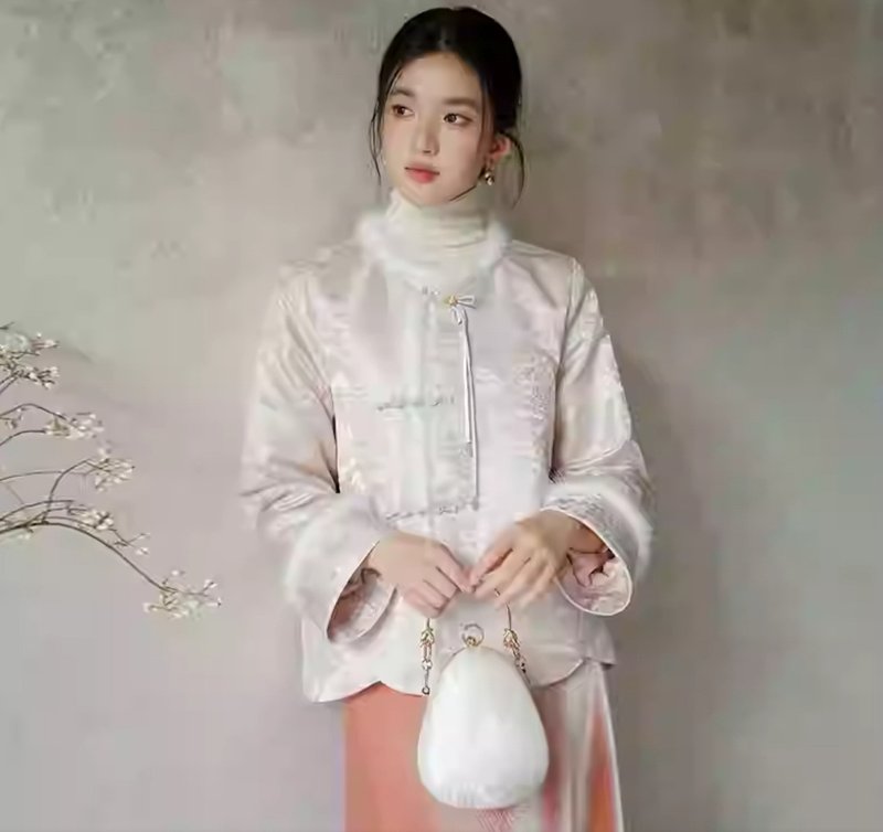 新中式復古中國風 盤扣氣質保暖棉衣 - 女上衣/長袖上衣 - 聚酯纖維 粉紅色