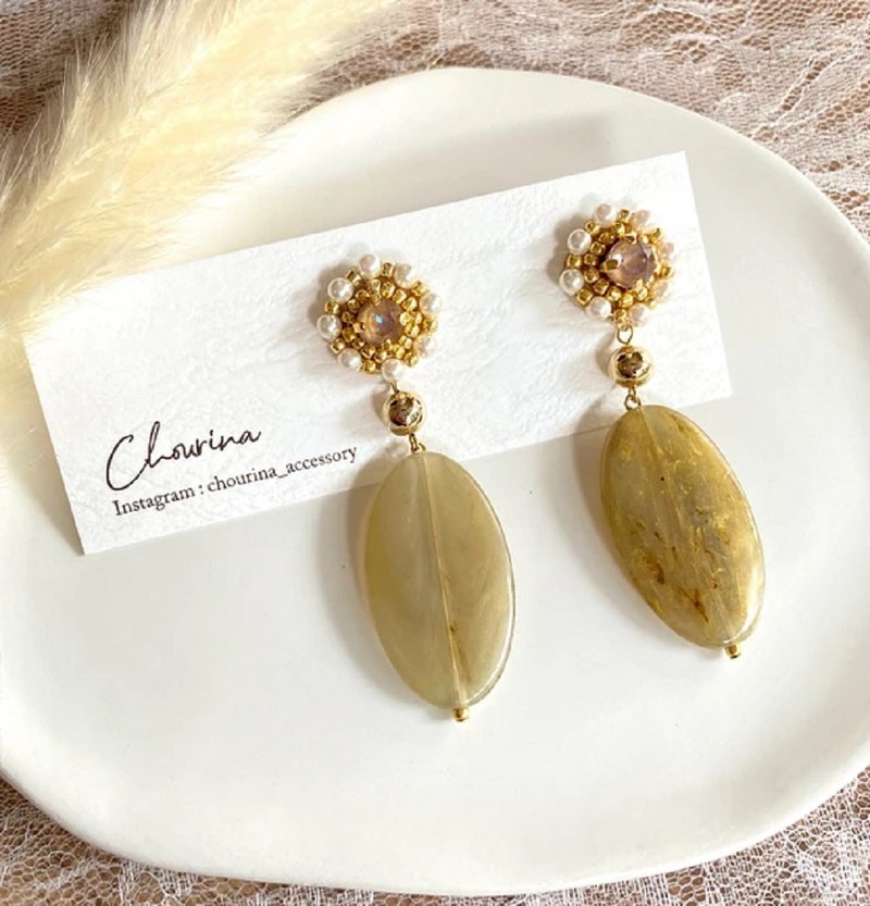 Bijou embroidery Clip-On, earrings - Earrings & Clip-ons - Other Metals Khaki