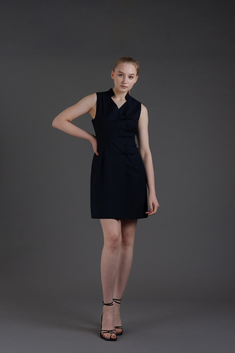 Oriental Vest Qipao Dress (Dark Blue) | Womenswear | Workwear | Mini Dress - กี่เพ้า - เส้นใยสังเคราะห์ สีน้ำเงิน