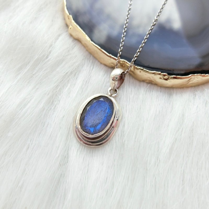 Labradorite 925 sterling silver cut surface simple striped necklace Nepal handmade silverware - สร้อยคอ - เครื่องเพชรพลอย สีน้ำเงิน