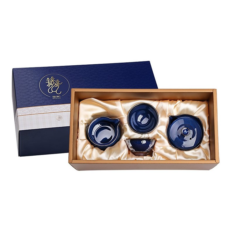 4 blue jadeite gift box (pot + sea + 2 cups) - ถ้วย - ดินเผา สีน้ำเงิน