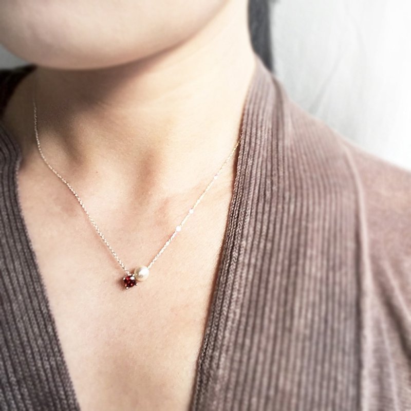 K10YG/SV925 Red Garnet Necklace, January Birthstone, Pearl Dainty Necklace - 項鍊 - 珍珠 紅色