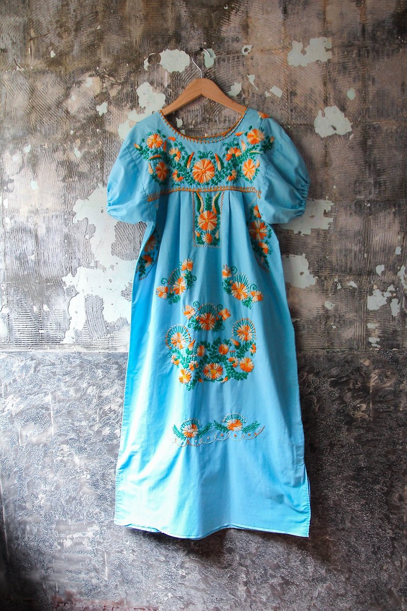 袅袅 department store -Vintage water blue hand-embroidered Mexican dress retro - ชุดเดรส - ผ้าฝ้าย/ผ้าลินิน 