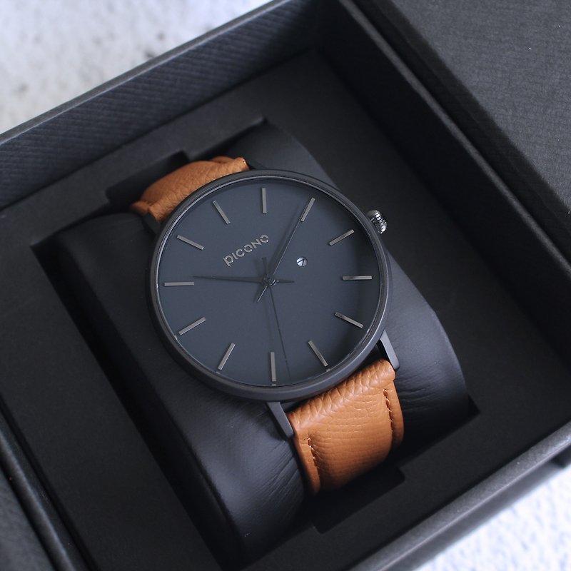 其他材質 男錶/中性錶 - Siempre 簡約黑色法國真皮錶帶對錶手錶 / SI-10901 藍色 男生款