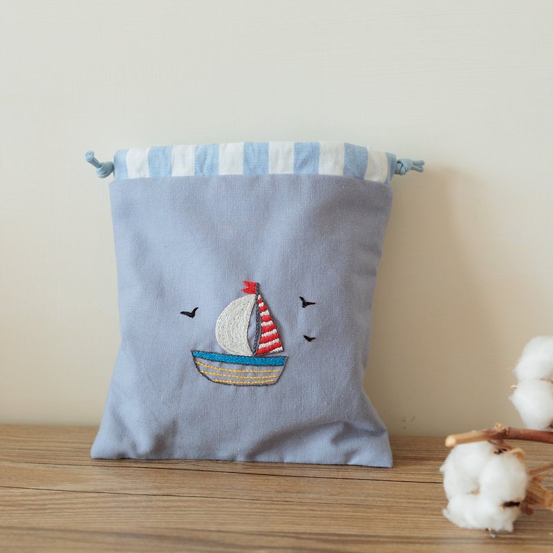 Hand embroidered sailboat light blue cotton double layer drawstring pocket storage bag - Drawstring Bags - Cotton & Hemp Blue
