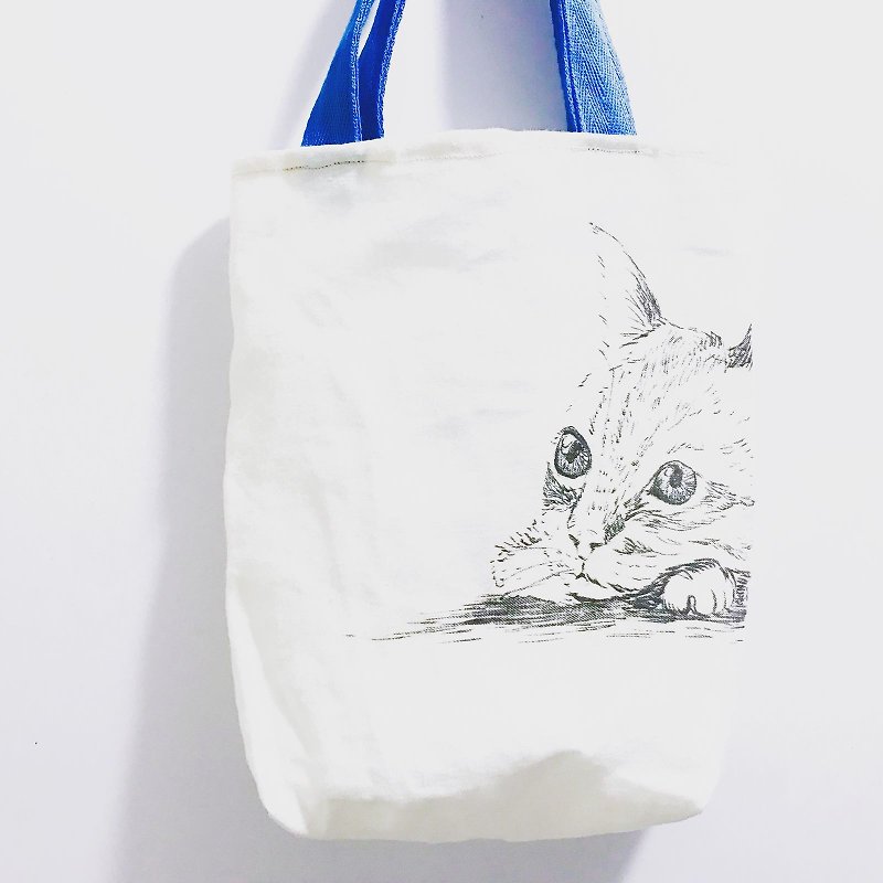 Limited lucky bag A hand-painted cat, dog and rabbit tote bag + retro pressed flower mirror - Handbags & Totes - Cotton & Hemp White