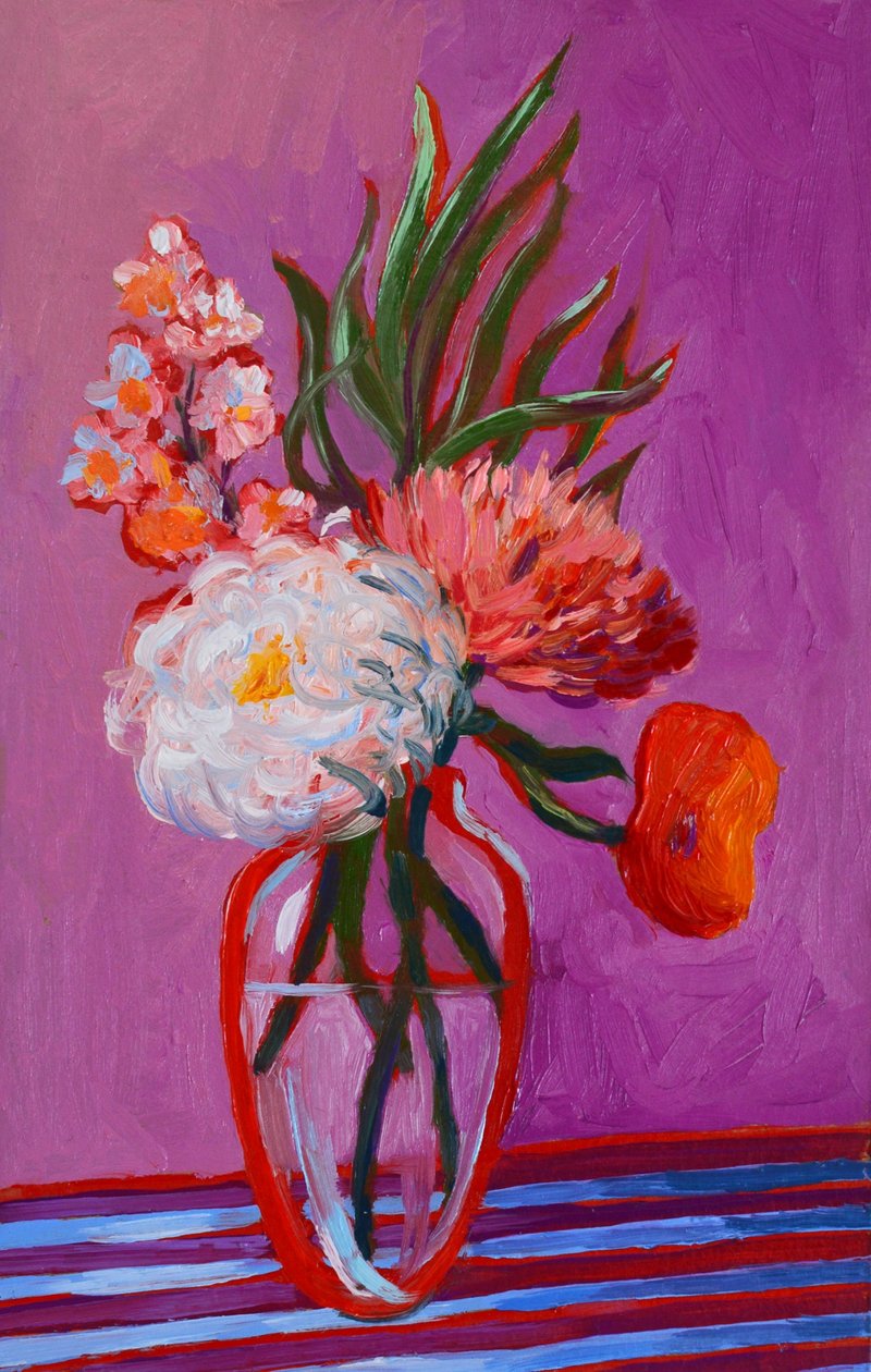 原始油畫 20x12cm 菊花紫色現代藝術花瓶裡的櫻花 - 插畫/繪畫/寫字 - 其他材質 紫色