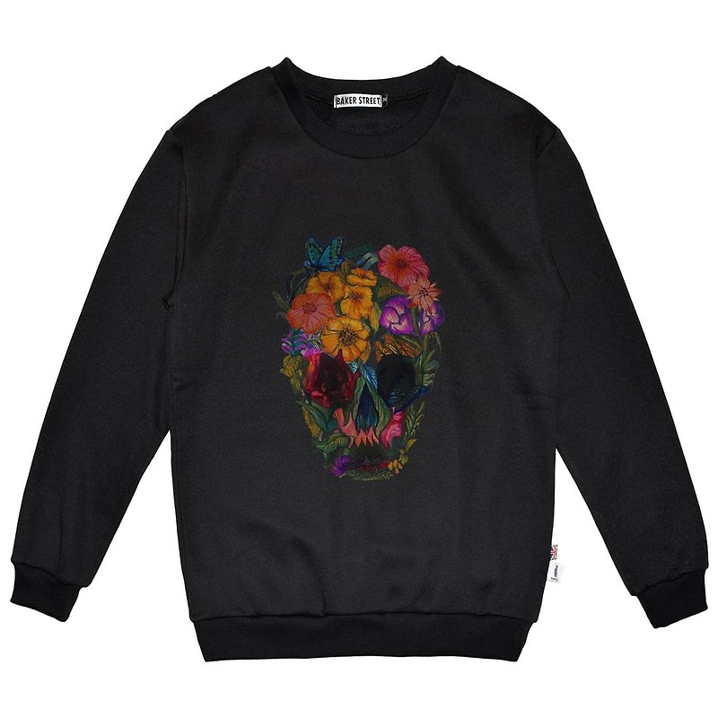 British Fashion Brand -Baker Street- Blossom Skull Printed Sweatshirt - เสื้อฮู้ด - ผ้าฝ้าย/ผ้าลินิน สีดำ