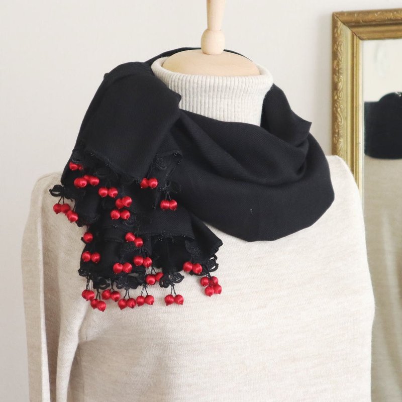 Made to order / OYA crochet Pashmina shawl【CHERRY】Black - Scarves - Wool Black