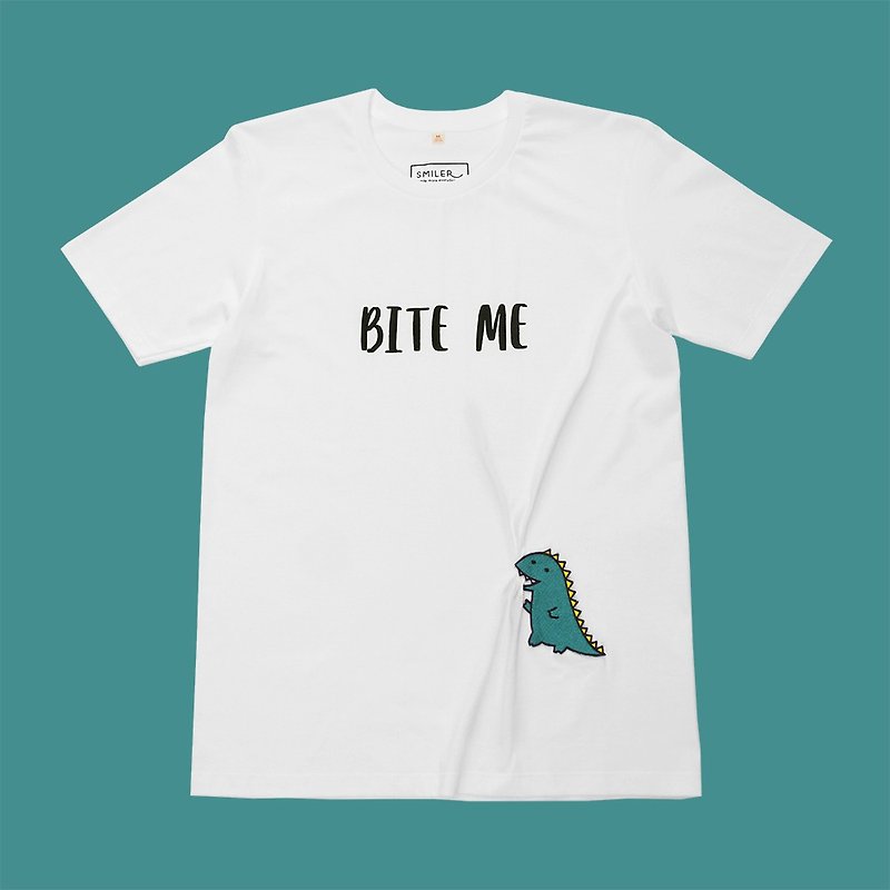 【Bite Me - DINO】しわくちゃTシャツ - 中性衛衣/T 恤 - 棉．麻 白色