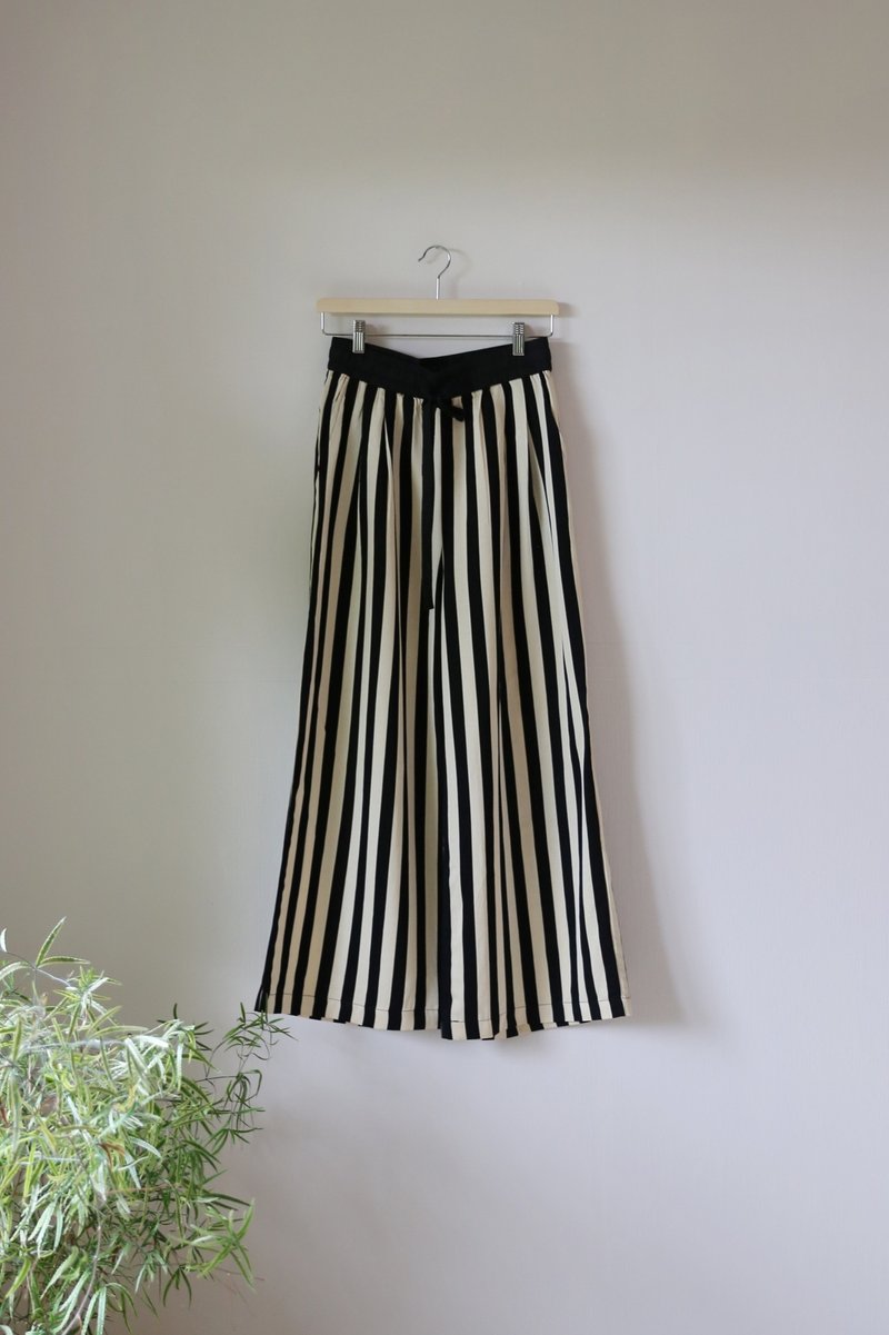 Elastic waist drawstring linen-blend striped wide-leg trousers - กางเกงขายาว - ผ้าฝ้าย/ผ้าลินิน 