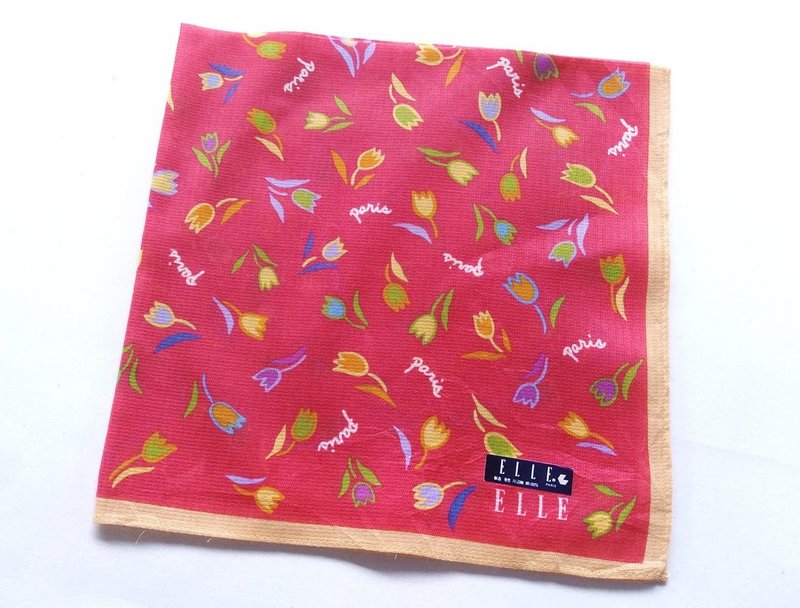 ELLE Paris Vintage Handkerchief Women Handkerchief Tulips Gift 18 x 18 inches - 手帕 - 棉．麻 粉紅色