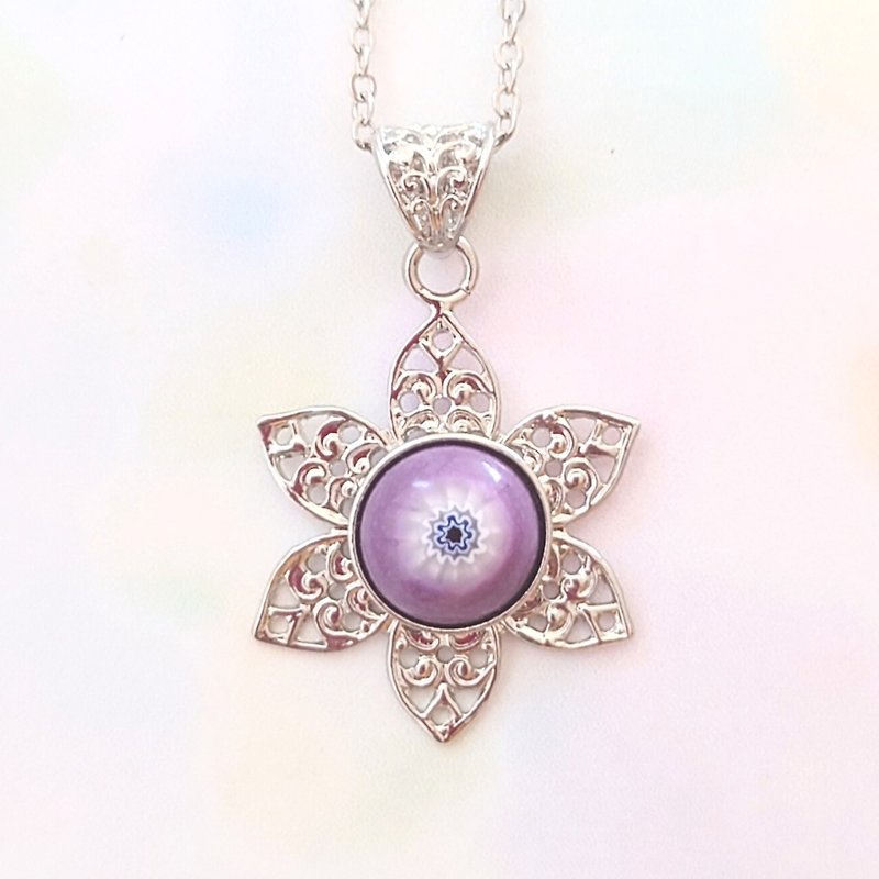 Cloisonne millefiori flower lover pattern necklace - Necklaces - Glass Purple