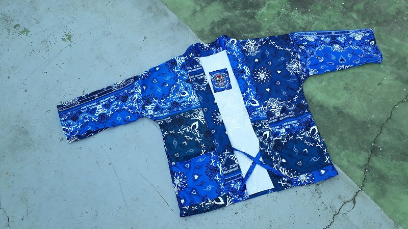 AMIN'S SHINY WORLD original amoeba stitching KIMONO exclusive original custom - เสื้อโค้ทผู้ชาย - ผ้าฝ้าย/ผ้าลินิน สีน้ำเงิน