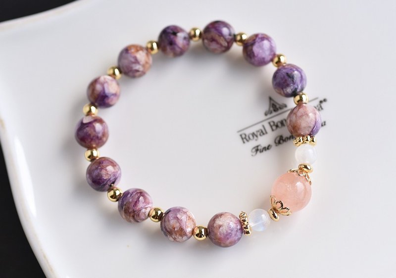 Pastel Purple Dragon Crystal + Morgan Stone + Moonstone Brass Bracelet - สร้อยข้อมือ - คริสตัล สีม่วง